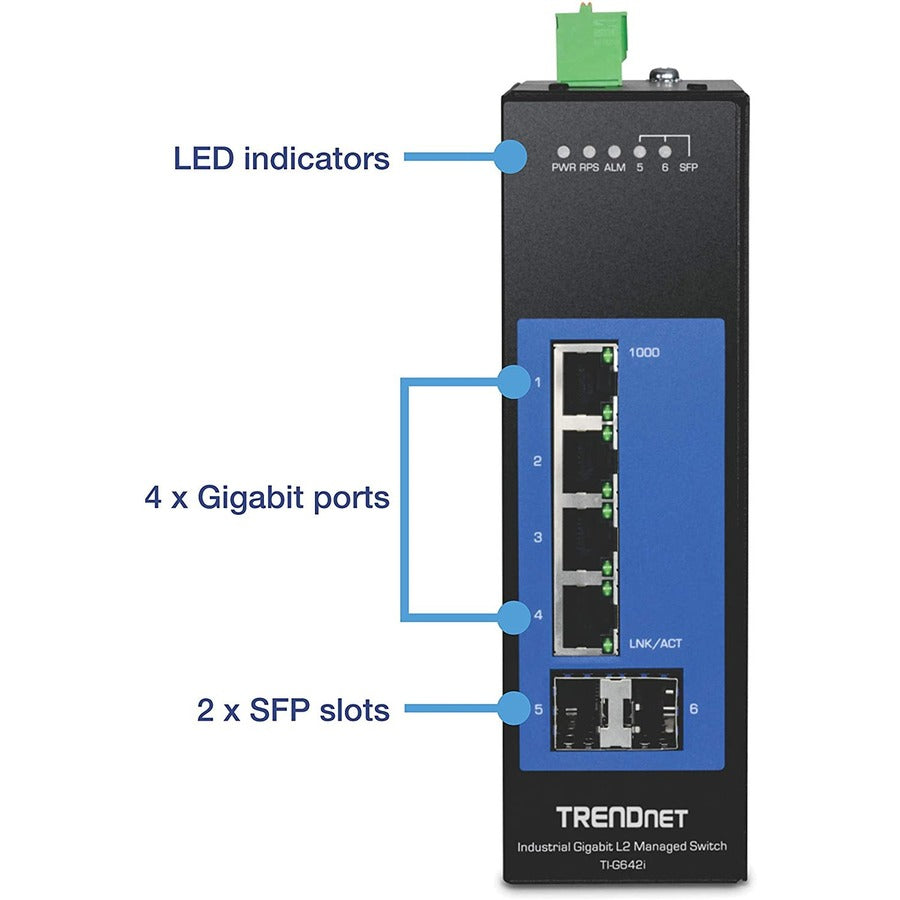 TRENDnet 6-Port Industrial Gigabit L2 Managed DIN-Rail Switch; 4 x Gigabit Ports; 2 x SFP Slots; DIN-Rail Mount; IP30; VLAN; QoS; LACP; STP/RSTP; Bandwidth management; Lifetime Protection; TI-G642i