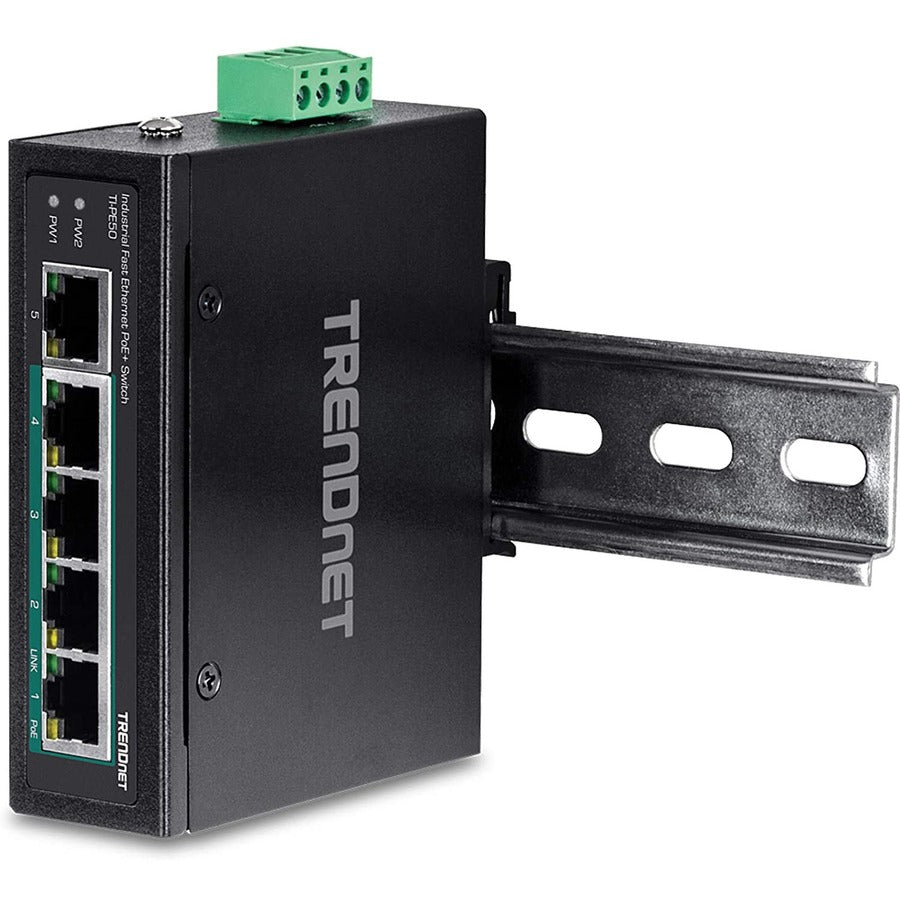 TRENDnet 5-Port Industrial Fast Ethernet DIN-Rail Switch, TI-PE50, Ethernet Splitter, NDAA & TAA Compliant, 90W, DIN-Rail, IP30 Rated, Lifetime Protection, Black