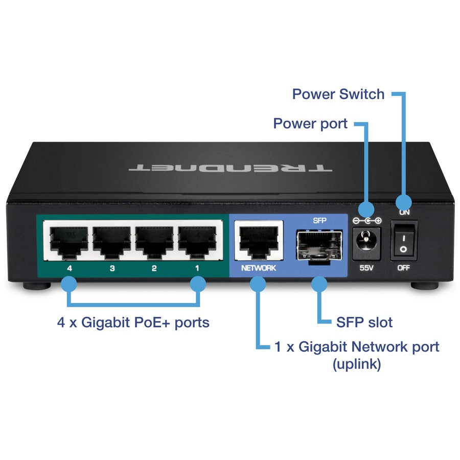 TRENDnet 6-port Gigabit Poe+ Switch; TPE-TG611; 4 X Gigabit Poe+ Ports; 1 X Gigabit Port; 1 X SFP Slot; Supports 100/1000Base-FX Fiber SFP Modules; Ethernet Desktop Network Switch; Lifetime Protection