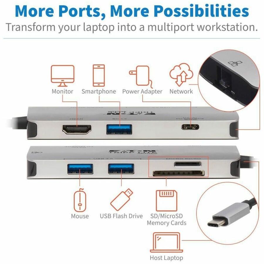 Eaton Tripp Lite Series USB-C Dock - 4K HDMI, USB 3.x (5Gbps), USB-A/C Hub Ports, GbE, Memory Card, 100W PD Charging