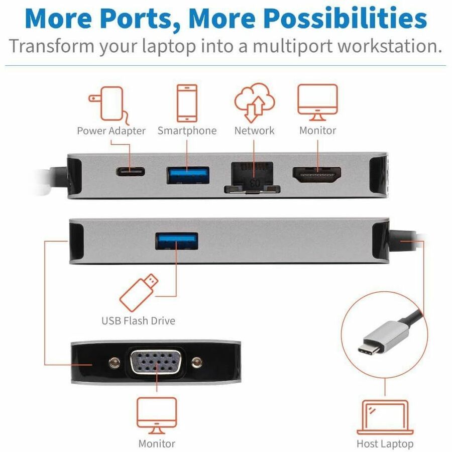 Eaton Tripp Lite Series USB-C Dock, Dual Display - 4K HDMI, VGA, USB 3.x (5Gbps), USB-A/C Hub, GbE, 100W PD Charging