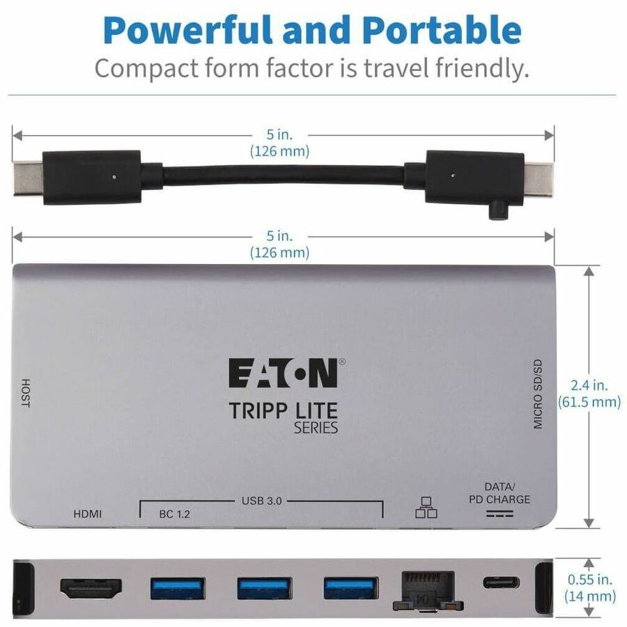 Eaton Tripp Lite Series USB-C Dock - 4K HDMI, USB 3.x (5Gbps), USB-A/C Hub Ports, GbE, Memory Card, 100W PD Charging, Detachable Cord