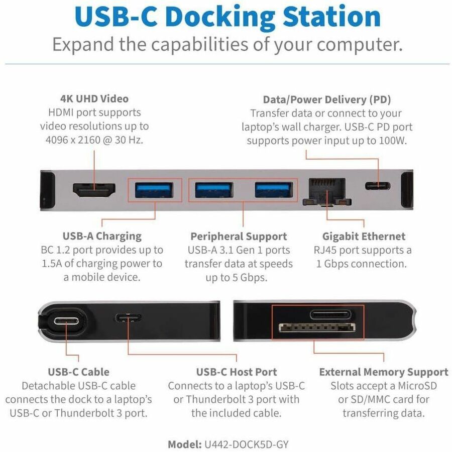 Eaton Tripp Lite Series USB-C Dock - 4K HDMI, USB 3.x (5Gbps), USB-A/C Hub Ports, GbE, Memory Card, 100W PD Charging, Detachable Cord