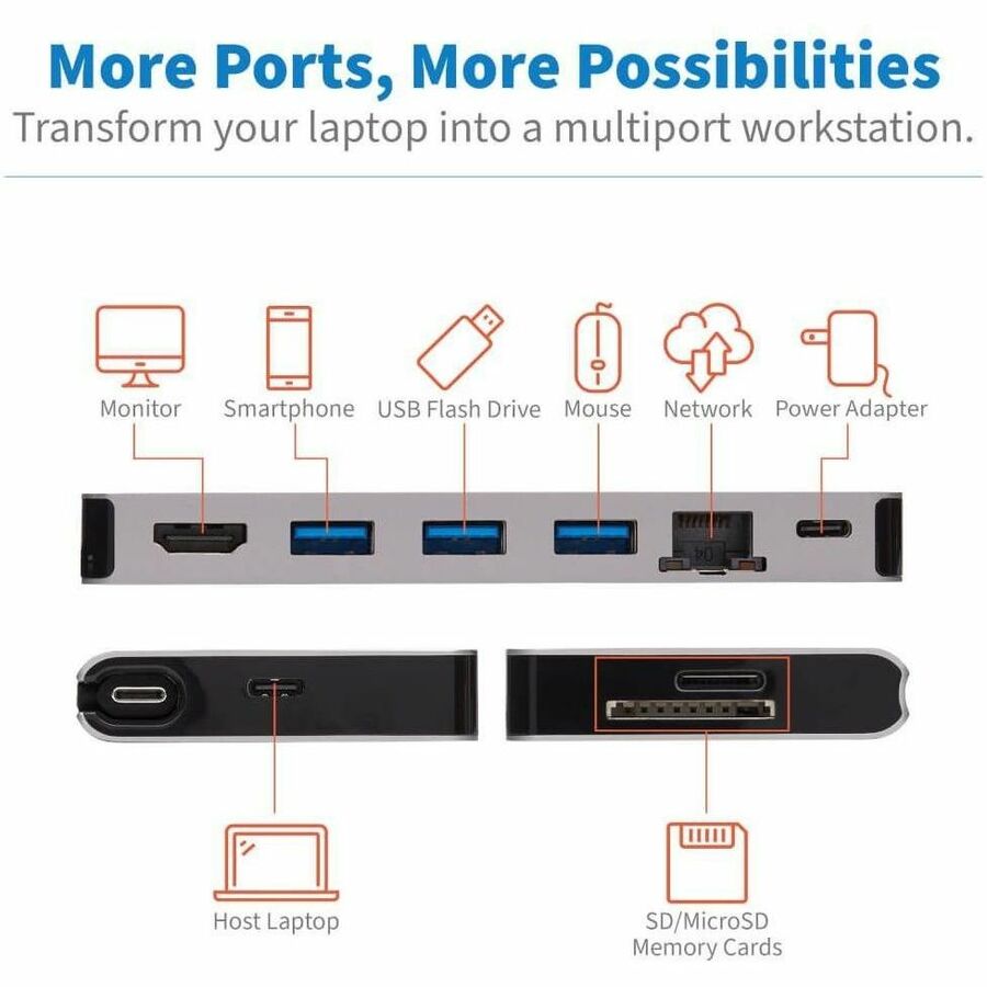 Eaton Tripp Lite Series USB-C Dock - 4K HDMI, USB 3.x (5Gbps), USB-A/C Hub Ports, GbE, Memory Card, 100W PD Charging, Detachable Cord