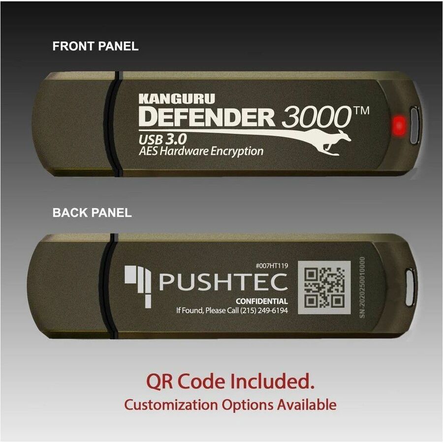 Kanguru Defender3000 FIPS 140-2 Certified Level 3, SuperSpeed USB 3.0 Secure Flash Drive, 256G