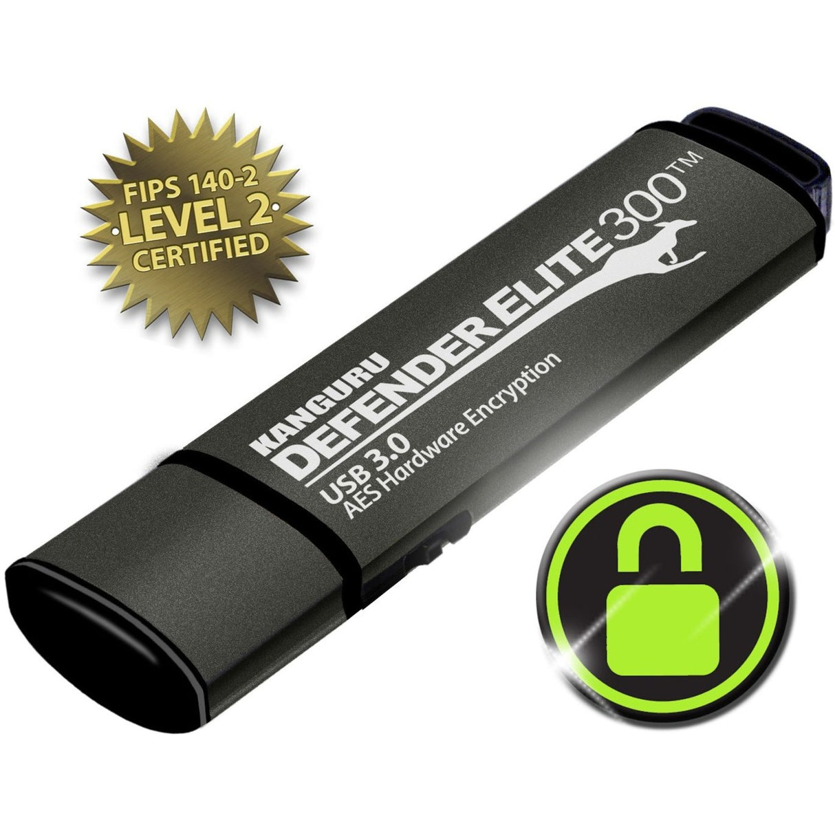 Kanguru Defender Elite300™ FIPS 140-2 Certified, AES XTS 256-Bit Hardware Encrypted USB 3 Secure Flash Drive with Physical Write Protect Switch, 256G