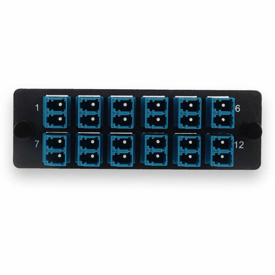 AddOn 4-Bay Panel Plate with 24-fiber 12x LC Duplex OS2 Fiber adapter panel
