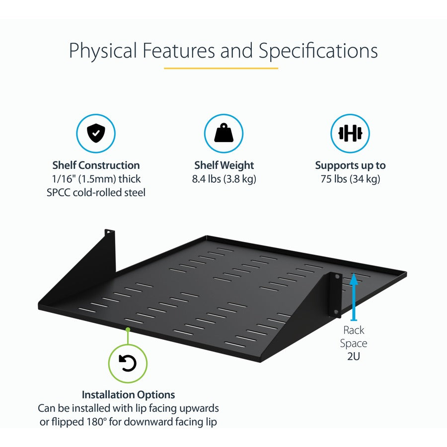StarTech.com 2 Post Server Rack Shelf - Vented - Center Mount - Up to 75 lb. - 2 post Network Rack Shelf (CABSHF2POSTV2)