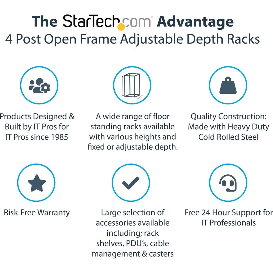 StarTech.com 4-Post 15U Mobile Open Frame Server Rack, 19" Network Rack with Casters, Rolling Rack for Computer/AV/Data/IT Equipment