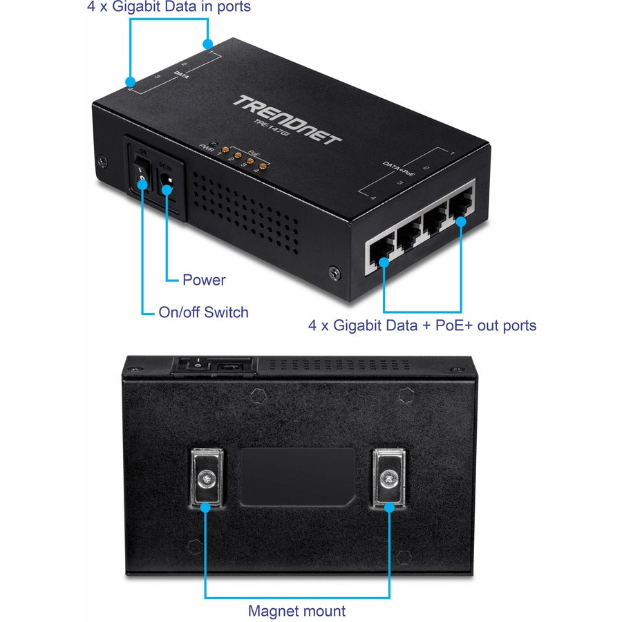 TRENDnet 65W 4-Port Gigabit PoE+ Injector, TPE-147GI, 4 x Gigabit Ports(Data in), 4 x gigabit PoE Ports(Data + PoE Out), Multi-Port PoE+ Injector up to 100m(328 ft.), Add PoE+ Power to Non-PoE Switch