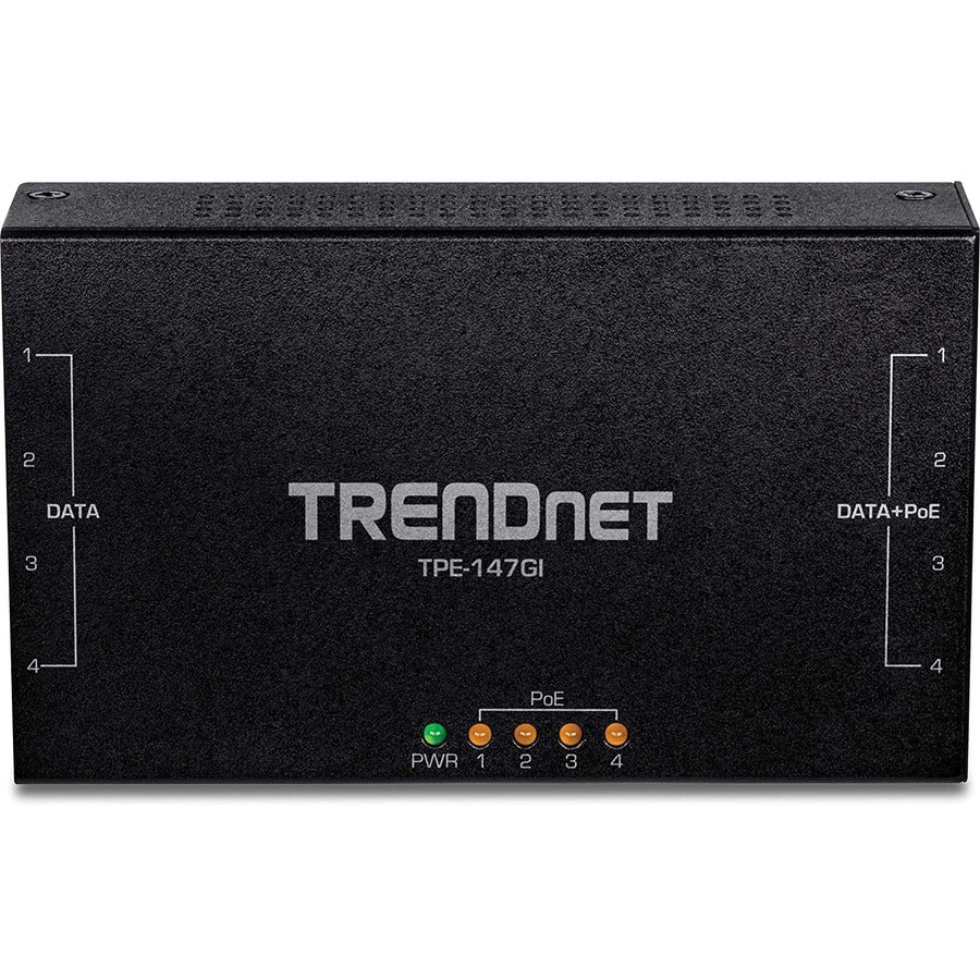 TRENDnet 65W 4-Port Gigabit PoE+ Injector, TPE-147GI, 4 x Gigabit Ports(Data in), 4 x gigabit PoE Ports(Data + PoE Out), Multi-Port PoE+ Injector up to 100m(328 ft.), Add PoE+ Power to Non-PoE Switch