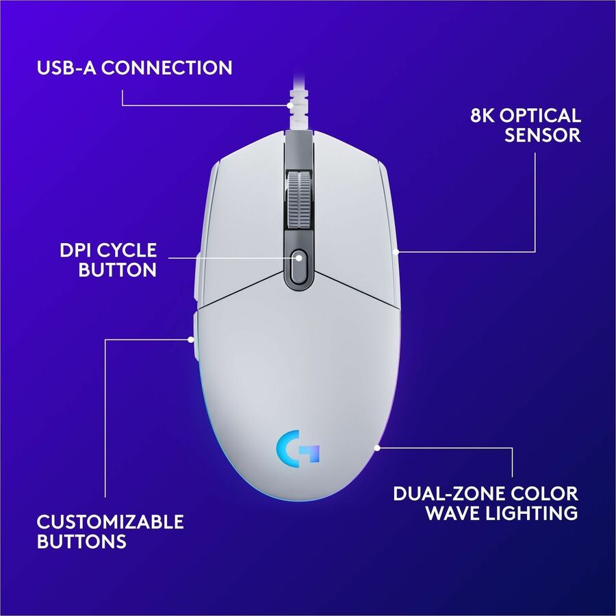 Logitech G203 Wired Gaming Mouse, 8,000 DPI, Rainbow Optical Effect LIGHTSYNC RGB, 6 Programmable Buttons, White