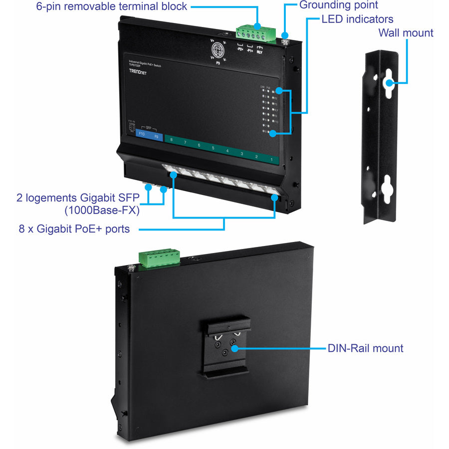 TRENDnet 10-Port Industrial Gigabit PoE+ Wall-Mounted Front Access Switch; TI-PG102F; 8x Gigabit PoE+ Ports; 2 x Gigabit SFP Slots; 240W PoE Budget; DIN-Rail & Wall Mount Brackets Included; IP40 Rated
