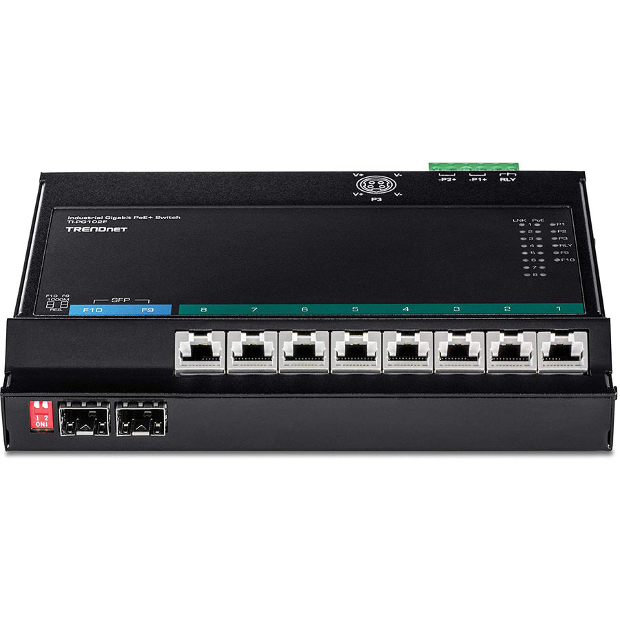 TRENDnet 10-Port Industrial Gigabit PoE+ Wall-Mounted Front Access Switch; TI-PG102F; 8x Gigabit PoE+ Ports; 2 x Gigabit SFP Slots; 240W PoE Budget; DIN-Rail & Wall Mount Brackets Included; IP40 Rated