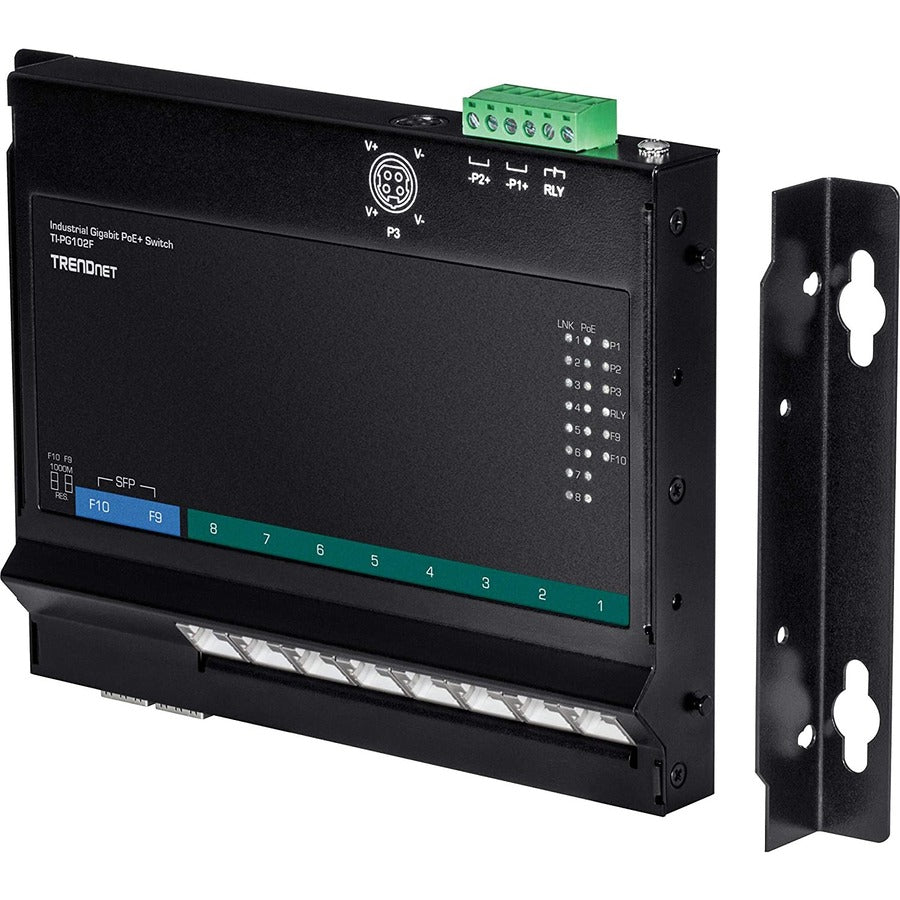 TRENDnet 10-Port Industrial Gigabit PoE+ Wall-Mounted Front Access Switch; TI-PG102F; 8x Gigabit PoE+ Ports; 2 x Gigabit SFP Slots; 240W PoE Budget; DIN-Rail & Wall Mount Brackets Included; IP40 Rated