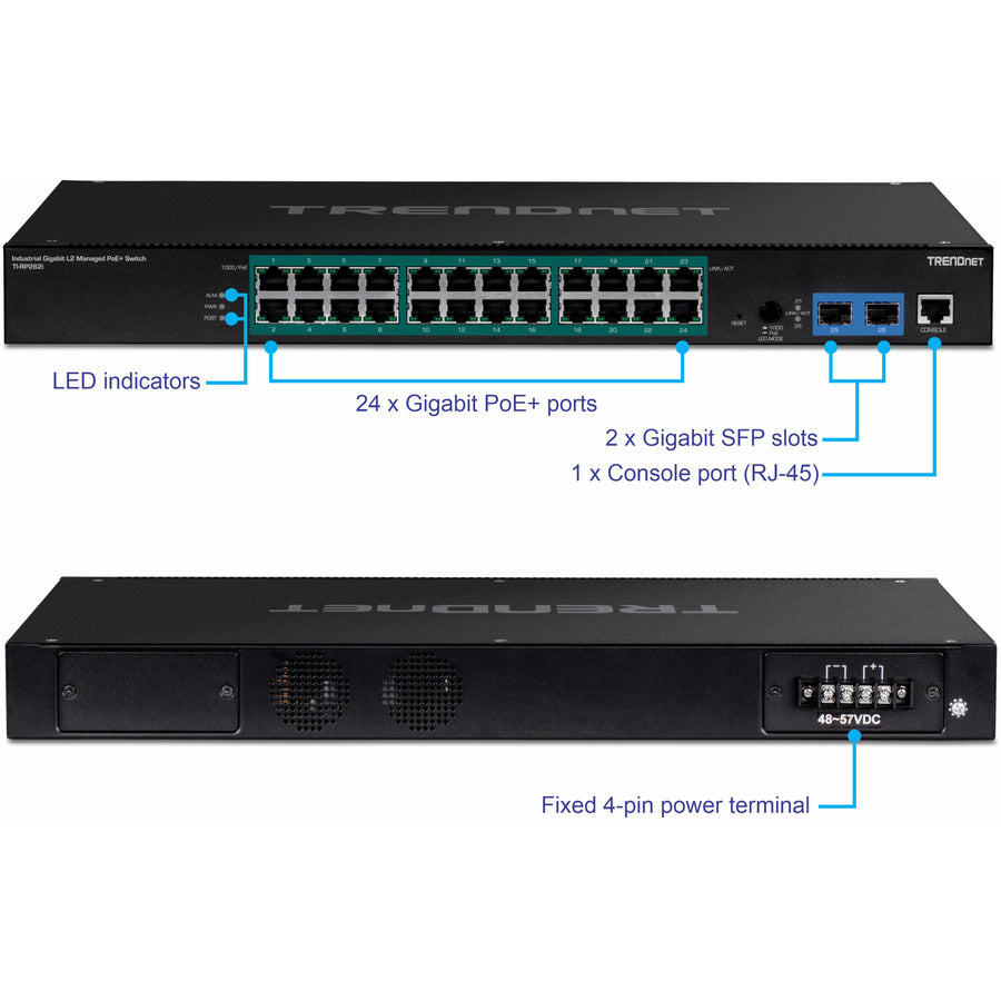 TRENDnet 26-Port Industrial Gigabit L2 Managed PoE+ Switch, TI-RP262i, 1U 19" Rackmount, 24 x Gigabit PoE+ Ports, 2 x SFP Slots (100/1000Base-FX), IP30, VLAN, QoS, 685W PoE Power Budget, Fanless