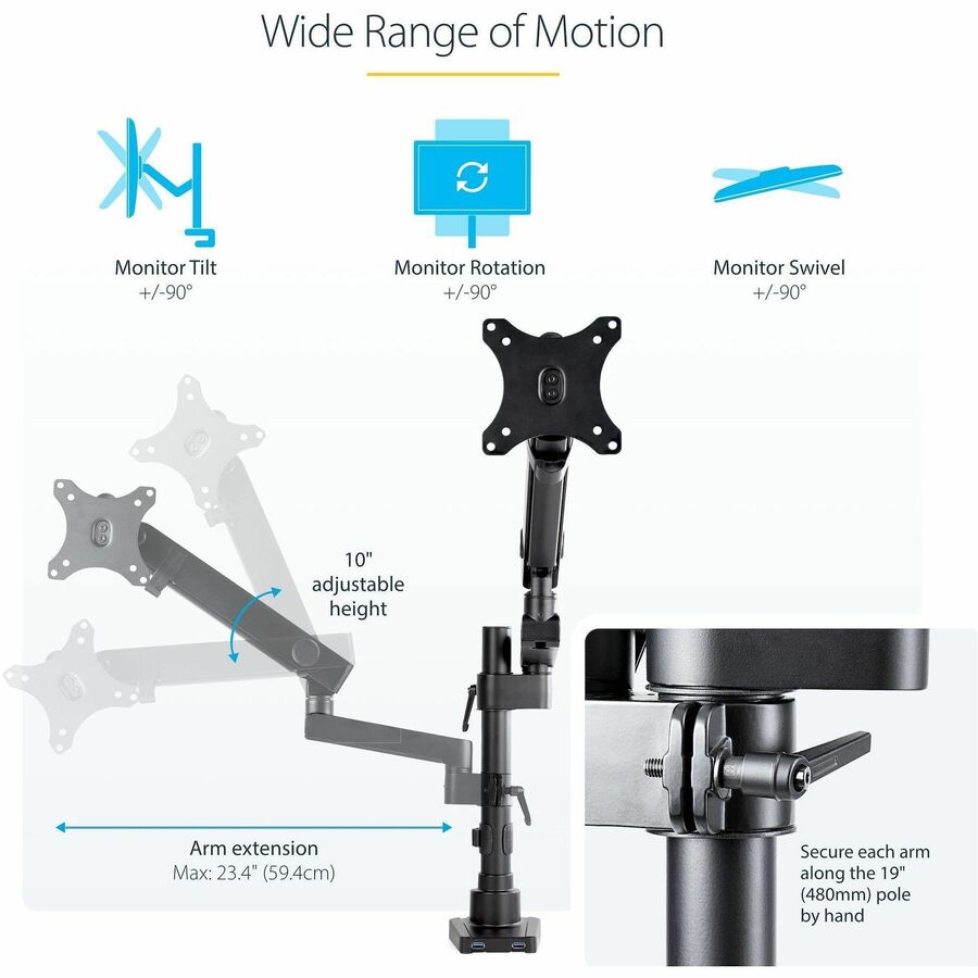 StarTech.com Desk Mount Monitor Arm with 2x USB 3.0 ports, Full Motion Monitor Mount up to 34" (17.6lb/8kg) VESA Display, C-Clamp/Grommet