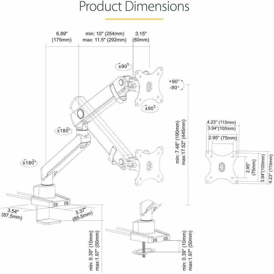 StarTech.com Desk Mount Monitor Arm with 2x USB 3.0 ports, Slim Single Monitor VESA Mount up to 34" (17.6lb/8kg) Display, C-Clamp/Grommet