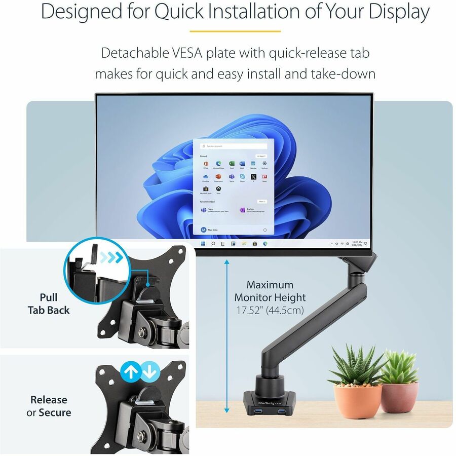 StarTech.com Desk Mount Monitor Arm with 2x USB 3.0 ports, for VESA Display up to 34" (17.6lb/8kg) , C-Clamp/Grommet, Mechanical Spring