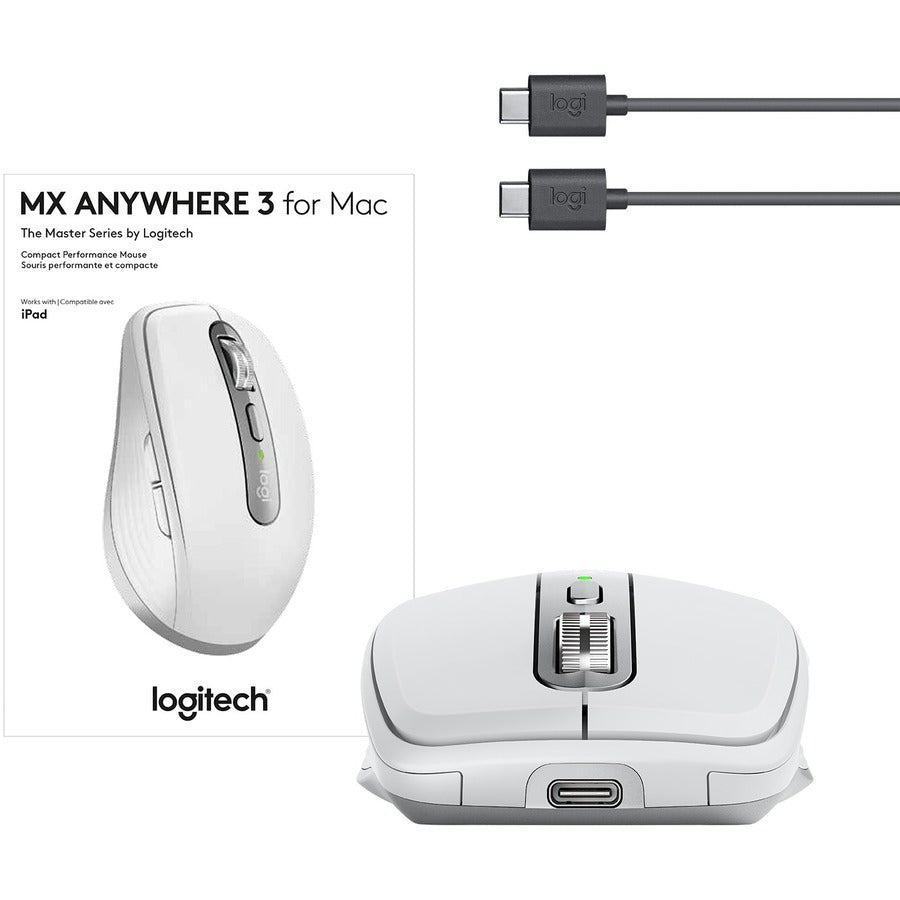 Logitech MX Anywhere 3 for Mac Compact Performance Mouse, Wireless, Comfortable, Ultrafast Scrolling, Any Surface, Portable, 4000DPI, Customizable Buttons, USB-C, Bluetooth, Apple Mac, iPad, Pale Gray