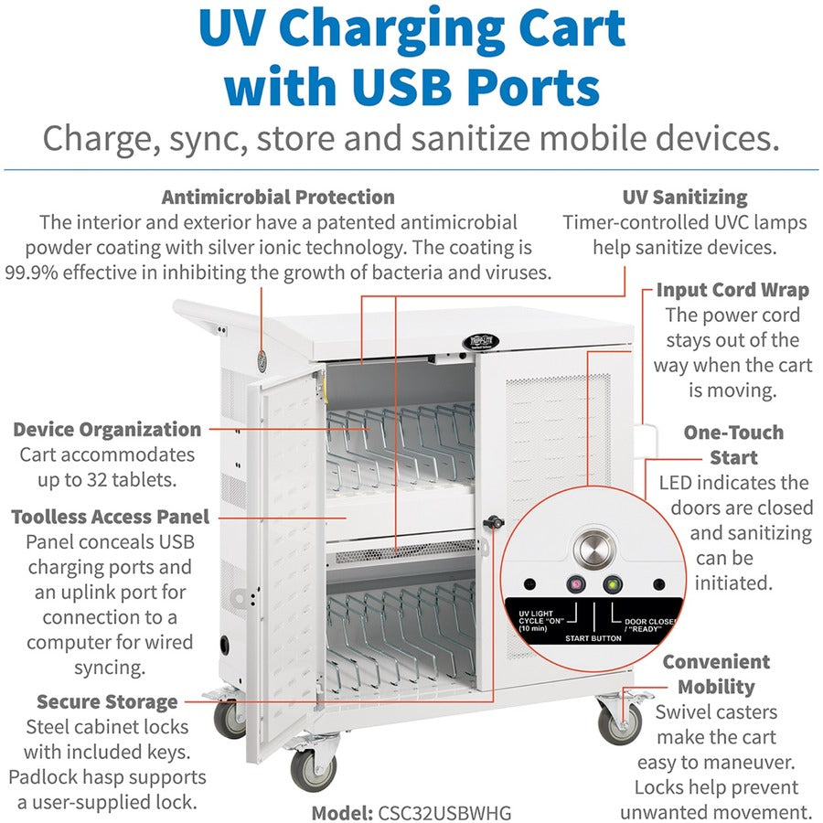 Eaton Tripp Lite Series Safe-IT Multi-Device UV Charging Cart, Hospital-Grade, 32 USB Ports, iPad and Android Tablets, Antimicrobial, White