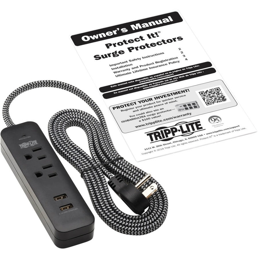 Eaton Tripp Lite Series 2-Outlet Surge Protector with 2 USB Ports (2.1A Shared) - 6 ft. Cord, 5-15P Plug, 450 Joules, Black