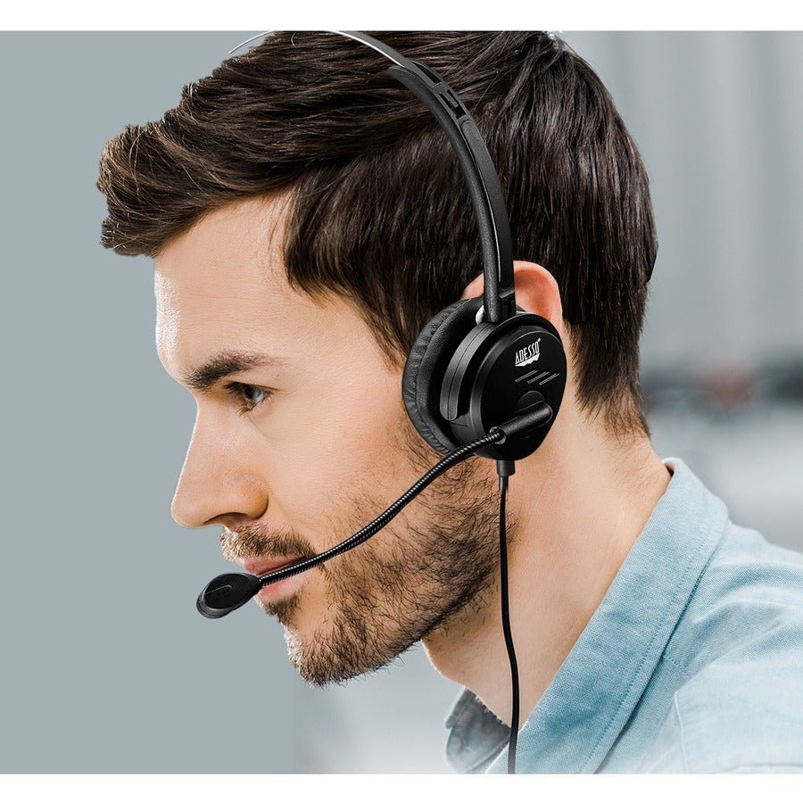 Adesso USB Single-Sided Headset with Adjustable Microphone- Noise Cancelling- Mono - USB - Wired - Over-the-head - 6 ft Cable -, Omni-directional Microphone - Black