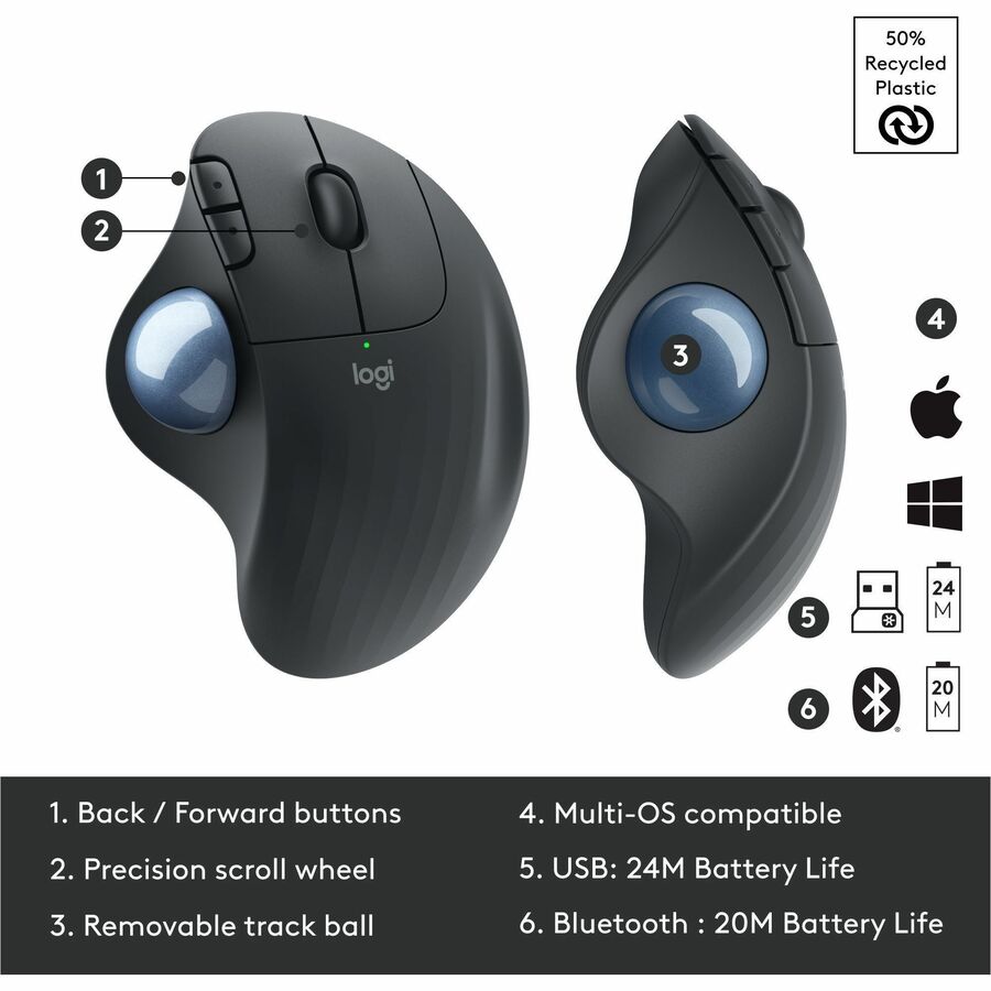 Logitech ERGO M575 Wireless Trackball Mouse - Easy Thumb Control, Precision and Smooth Tracking, Black