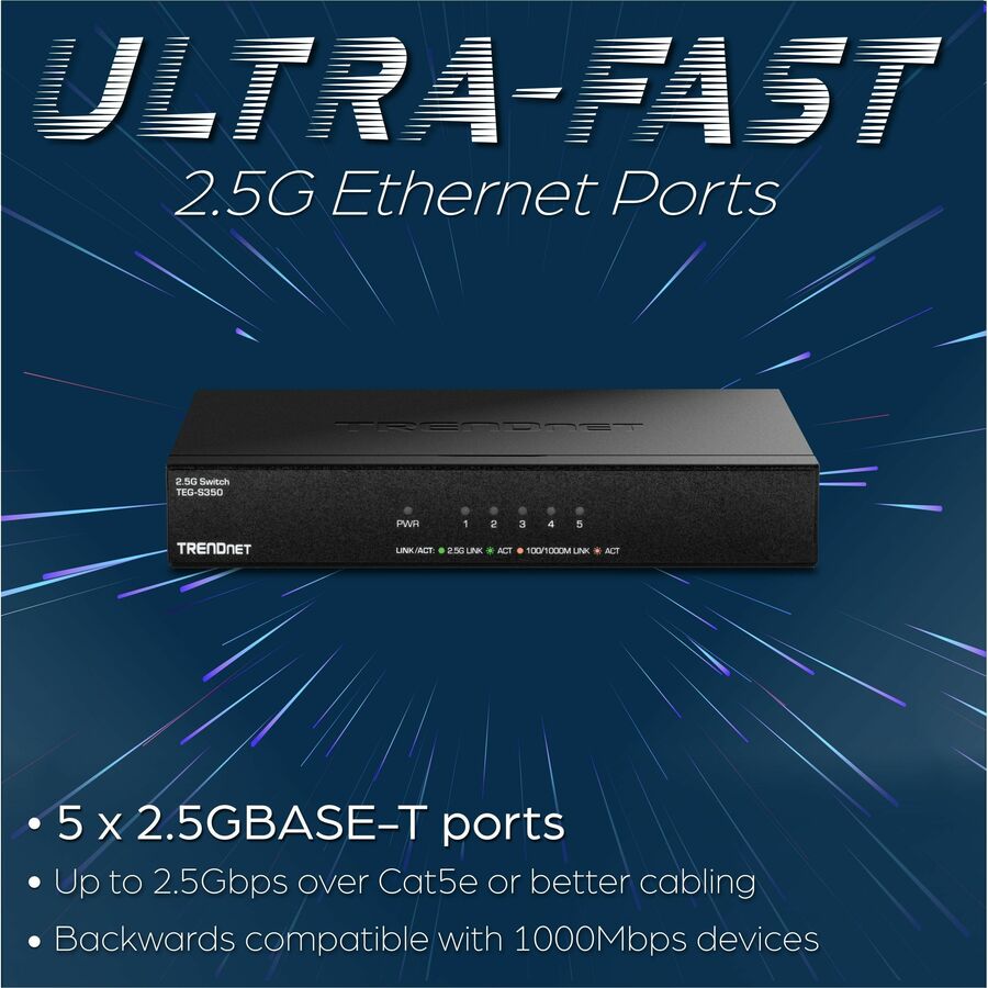 TRENDnet 5-Port Unmanaged 2.5G Gaming Switch, TEG-S350, 5 x 2.5GBASE-T Ports, 25Gbps Switching Capacity, Ethernet Splitter, NDAA & TAA Compliant, Fanless, Wall Mountable, Lifetime Protection, Black