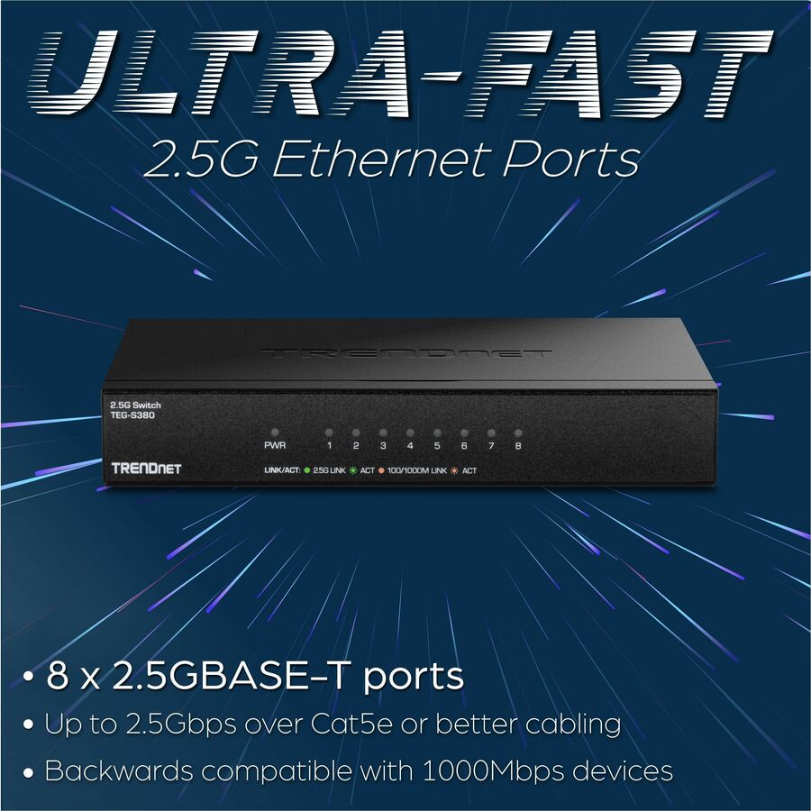 TRENDnet 8-Port Unmanaged 2.5G Switch, 8 x 2.5GBASE-T Ports, 40Gbps Switching Capacity, Backwards Compatible with 1000Mbps Devices, Fanless, Wall Mountable, Black, TEG-S380