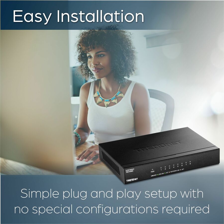 TRENDnet 8-Port Unmanaged 2.5G Switch, 8 x 2.5GBASE-T Ports, 40Gbps Switching Capacity, Backwards Compatible with 1000Mbps Devices, Fanless, Wall Mountable, Black, TEG-S380