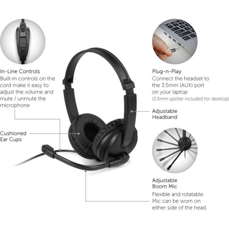 Aluratek Wired 3.5mm Stereo Headset with Noise Reducing Boom Mic and In-Line Controls