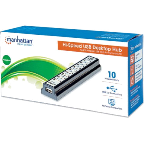 Manhattan USB-A 10-Port Desktop Hub, 10x USB-A Ports, 480 Mbps (USB 2.0), Bus or AC Power, Hi-Speed USB, Black, Three Year Warranty, Boxed (With Euro 2-pin plug)