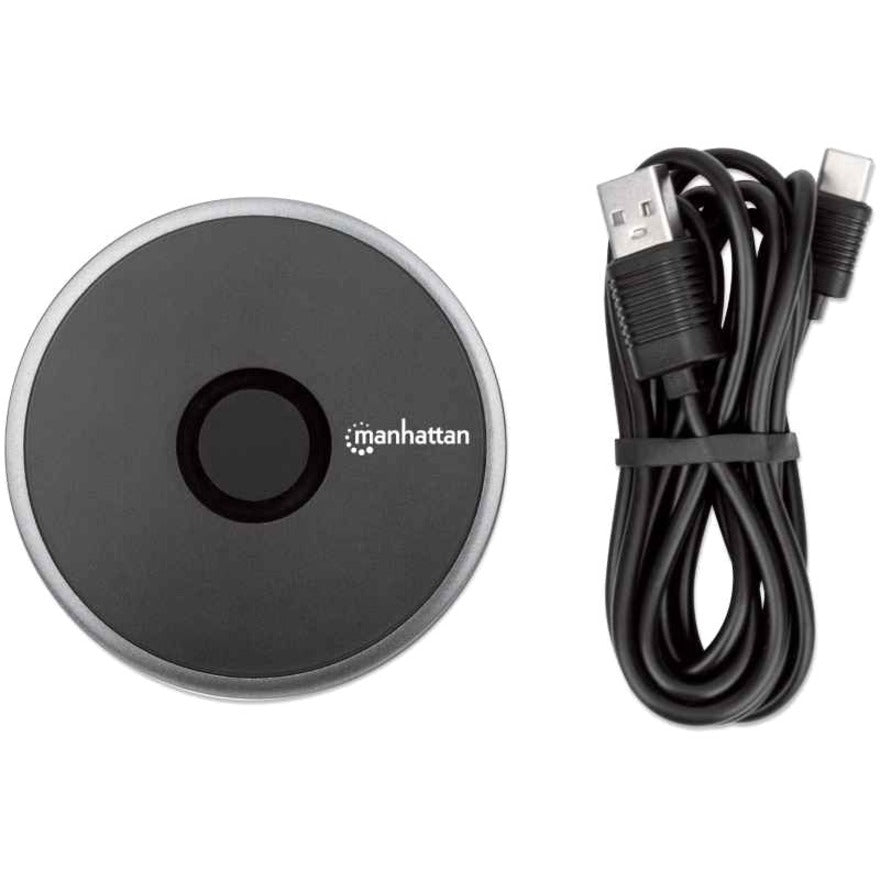 Manhattan Smartphone Wireless Charging Pad, QI certified, 10W, 7.5W and 5W charging, USB-C to USB-A cable included, USB-C input into pad, Cable 1.5m, Black, Three Year Warranty, Boxed