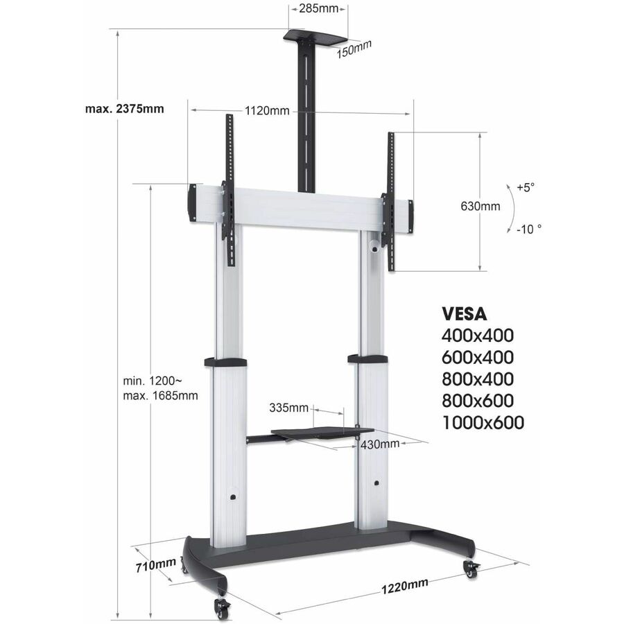 Manhattan Aluminum Heavy-Duty Height-Adjustable Multimedia TV Cart