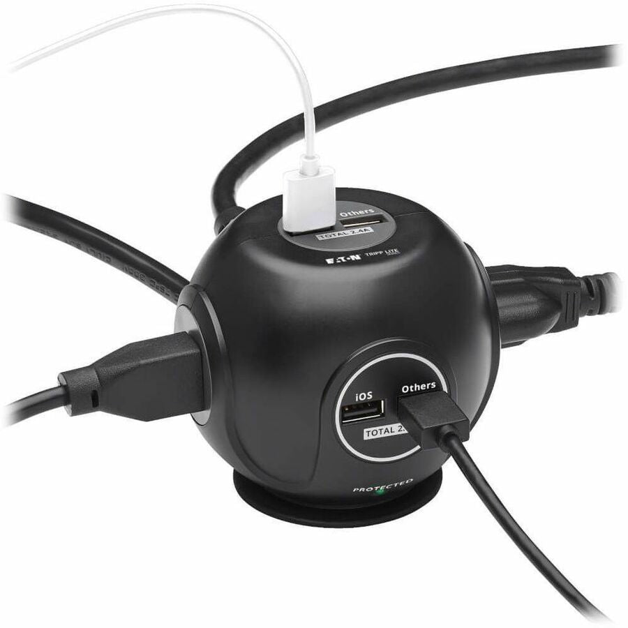 Eaton Tripp Lite Series 3-Outlet Spherical Surge Protector, 4 USB Ports (4.8A Shared) - 6 ft. (1.83 m) Cord, 5-15P Plug, 540 Joules, Black