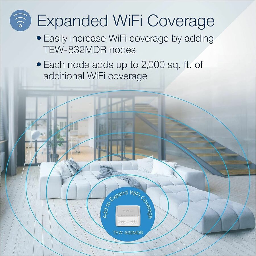 TRENDnet AC1200 WiFi EasyMesh Kit, Includes 2 x AC1200 WiFi Mesh Nodes, App-Based Setup Utility, Seamless WiFi Roaming, Beamforming, Supports 2.4GHz and 5GHz Devices, TEW-832MDR2K, White