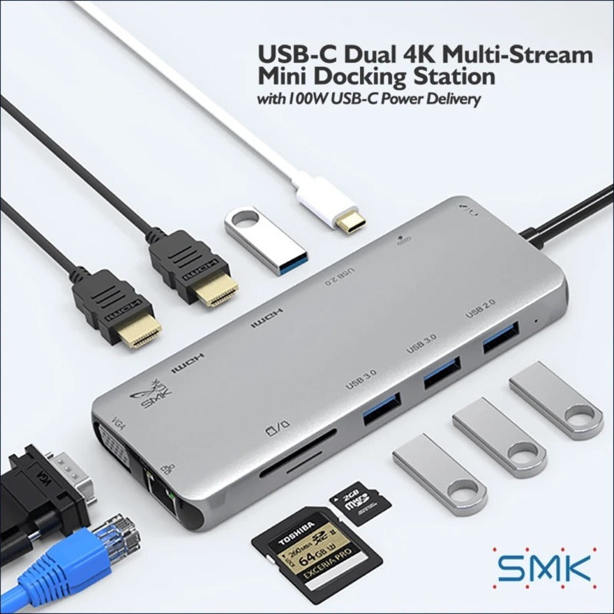 SMK-Link USB-C Dual 4K Multi-Stream Mini Docking Station for Apple MacBook Air - MacBook Pro - Dual 4k HDMI, VGA, 100W PD, 4 x USB-A - GbE