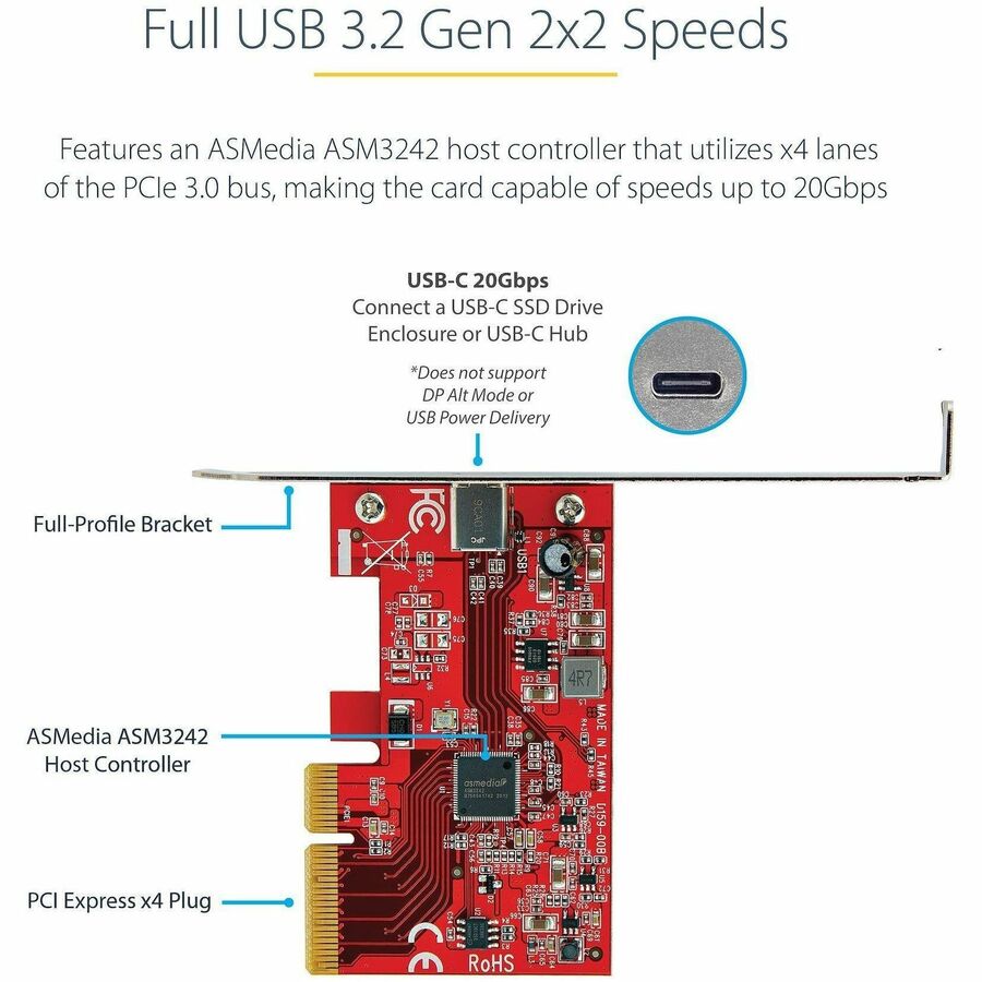 StarTech.com 1-Port USB 3.2 Gen 2x2 PCIe Card, USB-C 20Gbps PCI Express 3.0 x4 Controller, USB Type-C, Data Only, Windows/macOS/Linux, TAA