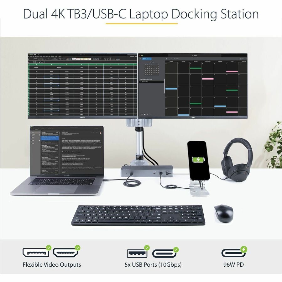 StarTech.com Thunderbolt Dock w/USB-C Host Compatibility - Dual 4K 60Hz DP 1.4 or HDMI TB/USB-C Docking Station - 1x 8K - 96W PD/5xUSB
