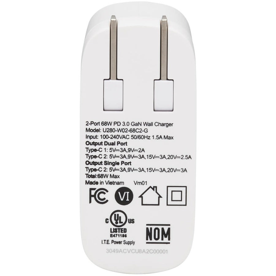 Eaton Tripp Lite Series Dual-Port Compact USB-C Wall Charger - GaN Technology, 68W PD Charging (50W+18W), White