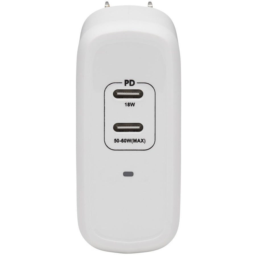 Eaton Tripp Lite Series Dual-Port Compact USB-C Wall Charger - GaN Technology, 68W PD Charging (50W+18W), White