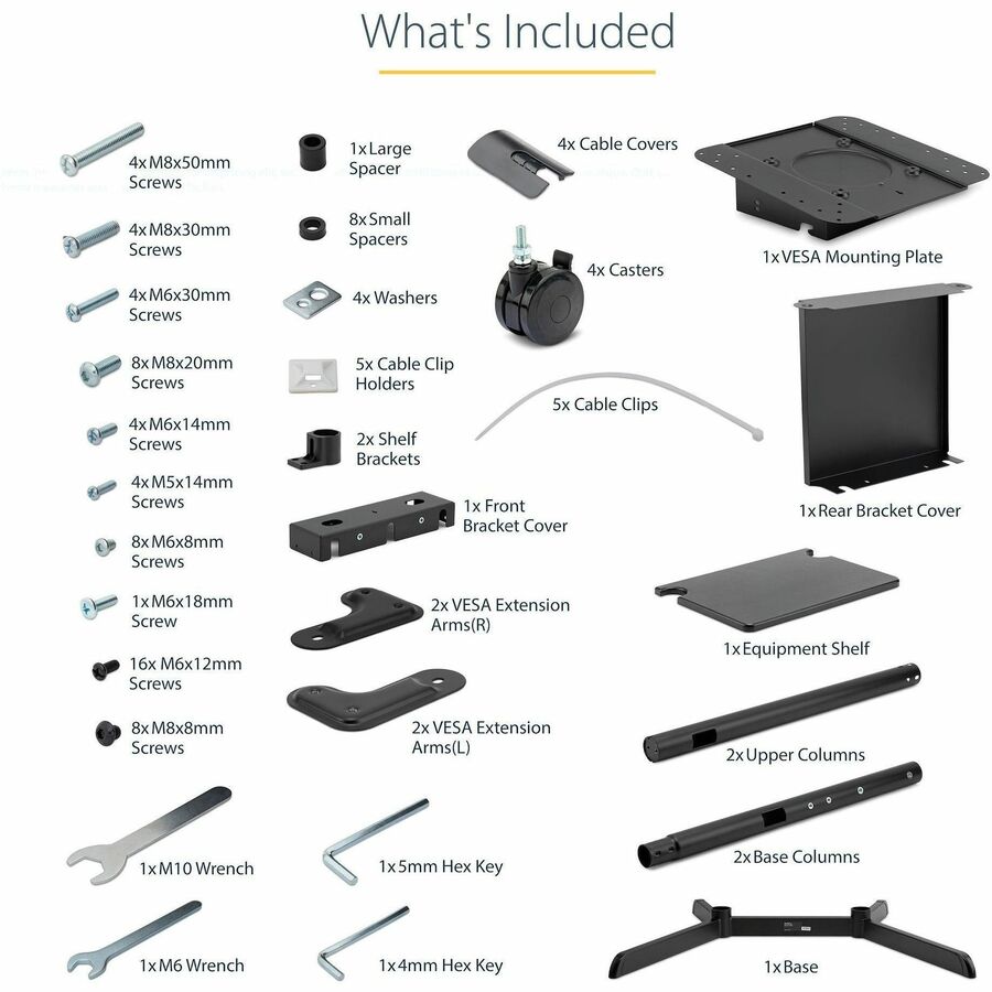 StarTech.com Mobile TV Cart, Portable Rolling TV Stand, 37-70 inch VESA Display Mount (154lb/70kg), Shelf & Storage, Rotate/Tilt Display