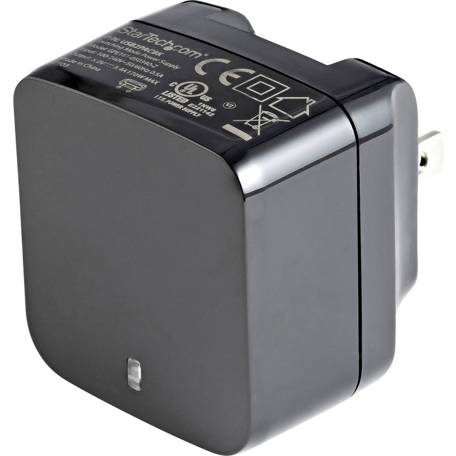 StarTech.com 2 Port USB Wall Charger, 17W Wall Charger Hub (2.4A & 1A port), Dual USB-A Power Adapter, Portable Charger for Phones/Tablets