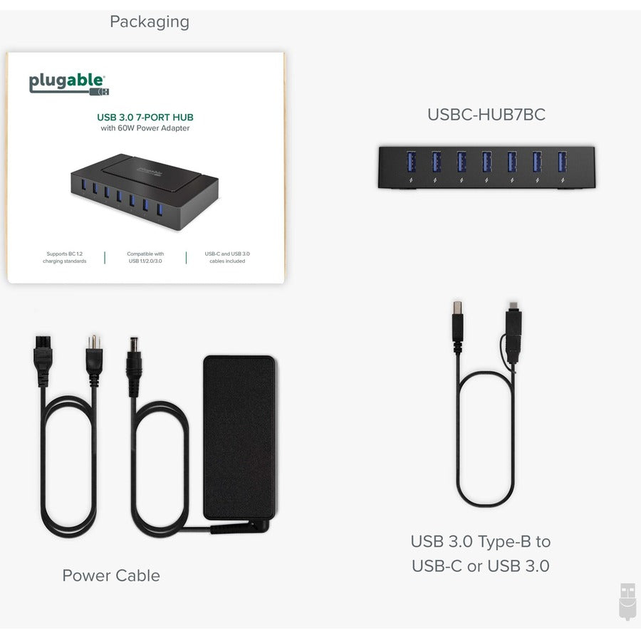 7 Port USB Charging Hub for Laptops with USB-C or USB 3.0