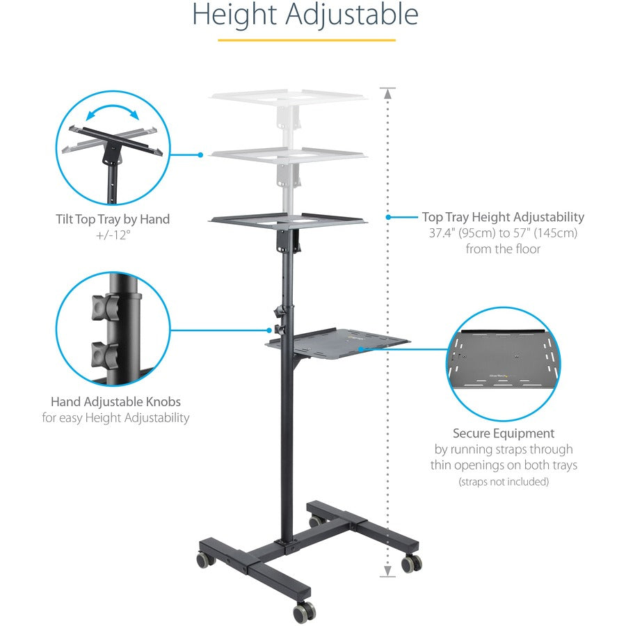 StarTech.com Mobile Projector and Laptop Stand/Cart, Heavy Duty Portable Projector Stand/Presentation Cart (22lb/shelf), Height Adjustable
