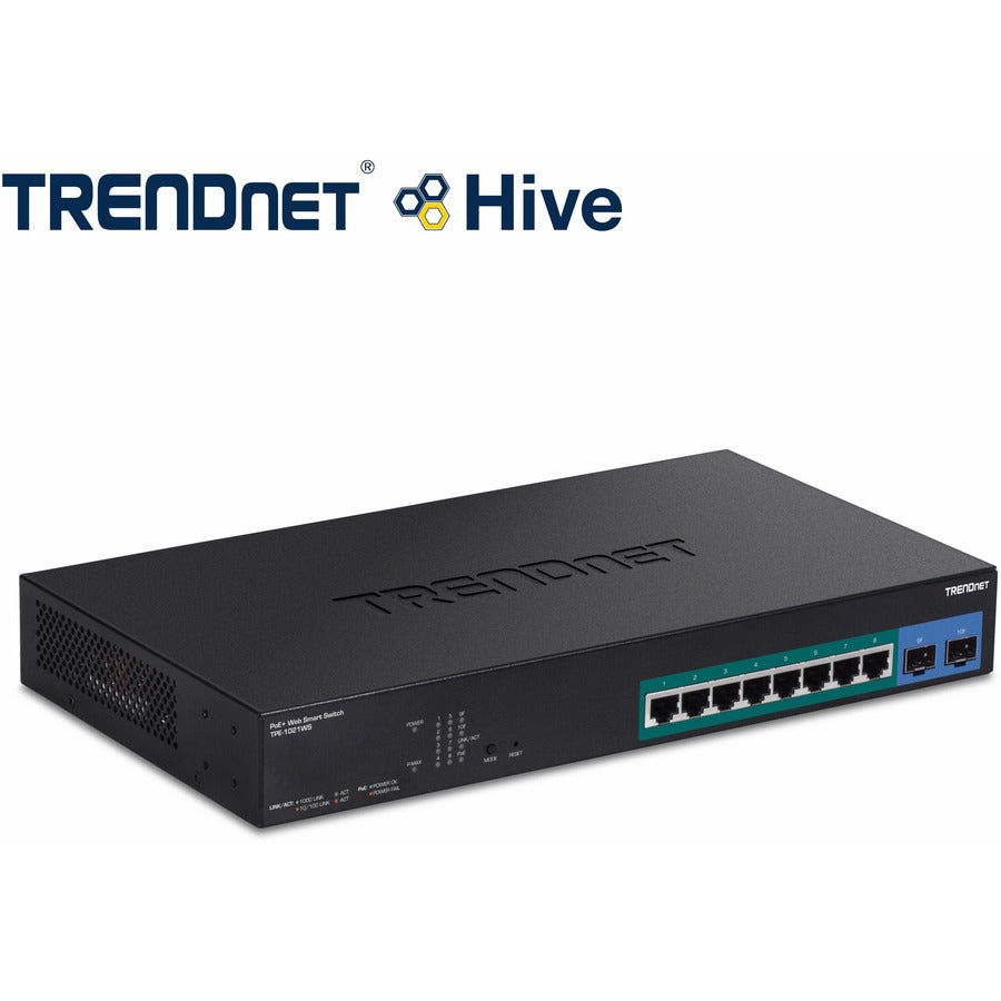TRENDnet 10-Port Gigabit Web Smart PoE+ Switch with 8 Gigabit PoE+ Ports, 2 SFP Slots, 130W PoE Budget, VLAN, QoS, LACP, IPv4/IPv6 Static Routing, Black, TPE-1021WS