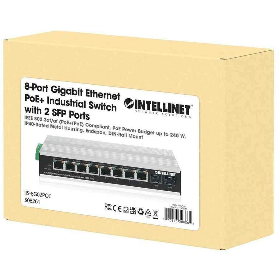 Intellinet Industrial 8-Port Gigabit Ethernet PoE+ Switch with 2 SFP Ports