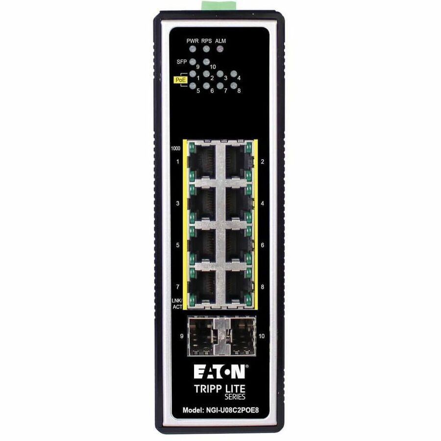 Eaton Tripp Lite Series 8-Port Unmanaged Industrial Gigabit Ethernet Switch - 10/100/1000 Mbps, PoE+ 30W, 2 GbE SFP Slots, -40° to 75°C, DIN Mount, TAA