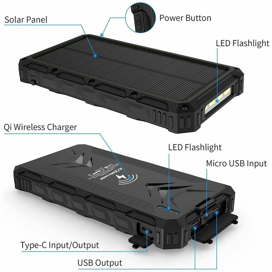 4XEM 20,000 maH Mobile Solar Power Bank and Charger (Black)
